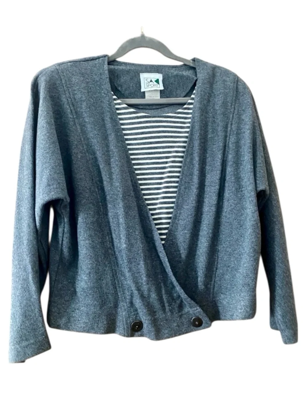 Vintage 90s Sears SA Sport Faux Layered Wrap Top Gray Striped Grunge USA